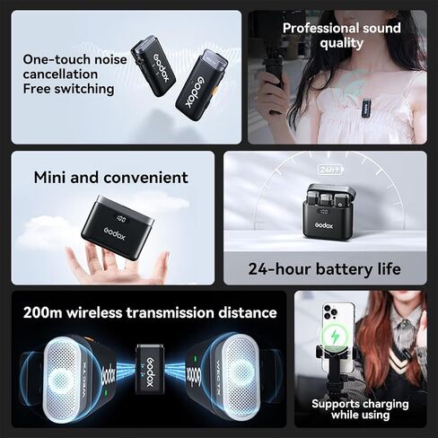 ميكروفون GODOX WES2 Kit2 2.4G لاسلكي Lavalier لهاتف iPhone 15 Pro Max وiPad وAndroid وميكروفون طية صدر السترة بخاصية إلغاء الضوضاء مع ناقل حركة بطول 656 قدم، لمدونات الفيديو/المقابلات/البث المباشر in Kuwait