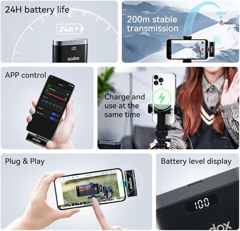 ميكروفون GODOX WES2 Kit2 2.4G لاسلكي Lavalier لهاتف iPhone 15 Pro Max وiPad وAndroid وميكروفون طية صدر السترة بخاصية إلغاء الضوضاء مع ناقل حركة بطول 656 قدم، لمدونات الفيديو/المقابلات/البث المباشر in Kuwait