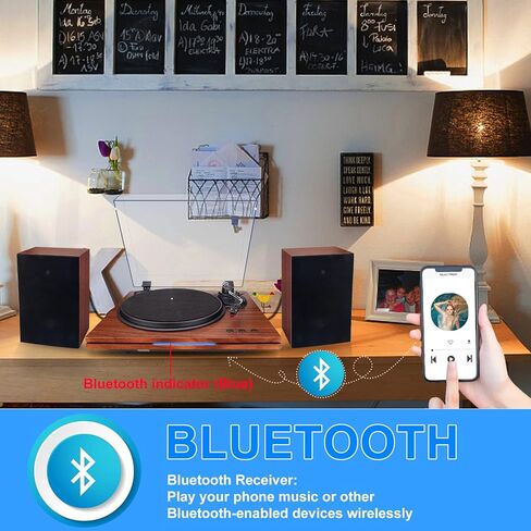 مشغلات تسجيل للفينيل مع مكبرات صوت، محرك حزام بسرعتين، قرص دوار بلوتوث، قابل للتعديل ومشغل فينيل ذو وزن موازن يدعم RCA، نظام ستيريو للمنزل، أسود in Kuwait