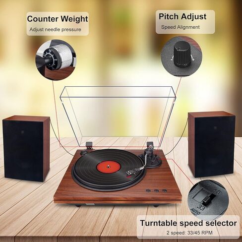 مشغلات تسجيل للفينيل مع مكبرات صوت، محرك حزام بسرعتين، قرص دوار بلوتوث، قابل للتعديل ومشغل فينيل ذو وزن موازن يدعم RCA، نظام ستيريو للمنزل، أسود in Kuwait