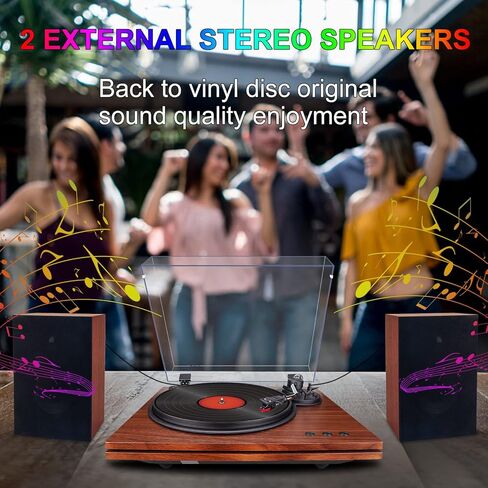 مشغلات تسجيل للفينيل مع مكبرات صوت، محرك حزام بسرعتين، قرص دوار بلوتوث، قابل للتعديل ومشغل فينيل ذو وزن موازن يدعم RCA، نظام ستيريو للمنزل، أسود in Kuwait
