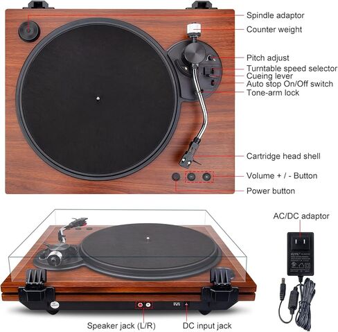 مشغلات تسجيل للفينيل مع مكبرات صوت، محرك حزام بسرعتين، قرص دوار بلوتوث، قابل للتعديل ومشغل فينيل ذو وزن موازن يدعم RCA، نظام ستيريو للمنزل، أسود in Kuwait
