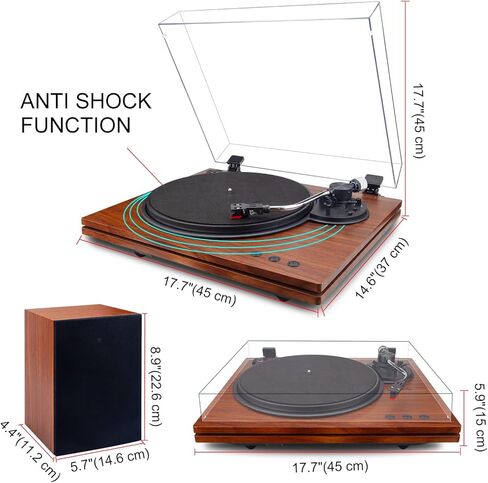 مشغلات تسجيل للفينيل مع مكبرات صوت، محرك حزام بسرعتين، قرص دوار بلوتوث، قابل للتعديل ومشغل فينيل ذو وزن موازن يدعم RCA، نظام ستيريو للمنزل، أسود in Kuwait