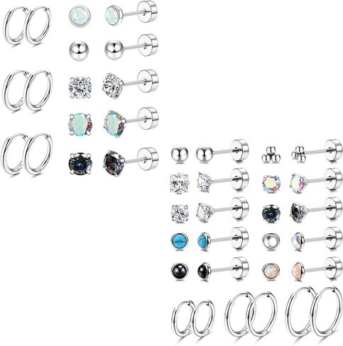 Jstyle أقراط فولاذية جراحية للأذنين الحساسة لا تسبب الحساسية 20 جرام مجموعة أقراط حلقية للنساء والرجال كرة أوبال صغيرة تشيكوسلوفاكيا من الفولاذ الجراحي أقراط غضروف مسطحة الظهر - لون فضي in Kuwait