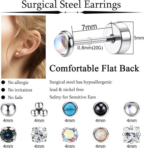 Jstyle أقراط فولاذية جراحية للأذنين الحساسة لا تسبب الحساسية 20 جرام مجموعة أقراط حلقية للنساء والرجال كرة أوبال صغيرة تشيكوسلوفاكيا من الفولاذ الجراحي أقراط غضروف مسطحة الظهر - لون فضي in Kuwait