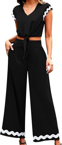 ملابس الصيف النسائية 2 قطعة كم كاب مربوط المحاصيل القمم بنطال ذو قصة أرجل واسعة مجموعات 2024 ملابس الصيف النسائية مجموعات غير رسمية in Kuwait