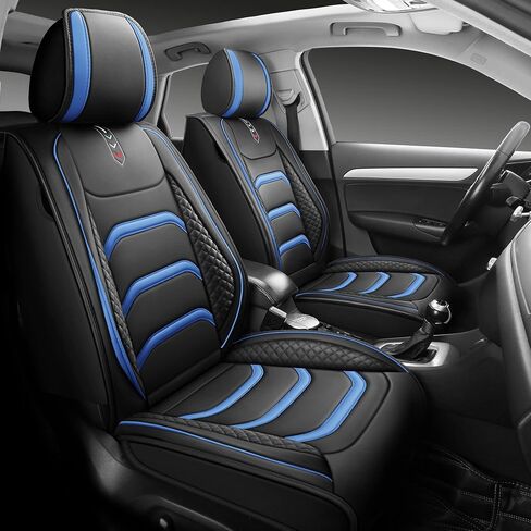 USA03 Full Set Car Seat Covers Luxury Leather Seat Cushions Covers Fit Most 5-Seater Models Cars SUV。 (Black-Blue) in Saudi Arabia