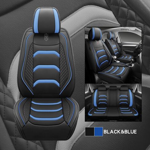 USA03 Full Set Car Seat Covers Luxury Leather Seat Cushions Covers Fit Most 5-Seater Models Cars SUV。 (Black-Blue) in Saudi Arabia