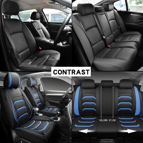 USA03 Full Set Car Seat Covers Luxury Leather Seat Cushions Covers Fit Most 5-Seater Models Cars SUV。 (Black-Blue) in Saudi Arabia