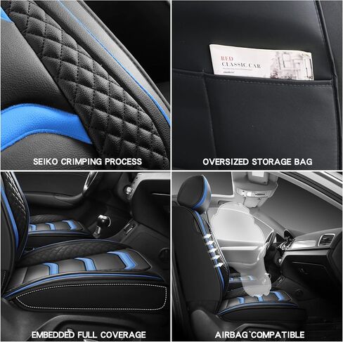 USA03 Full Set Car Seat Covers Luxury Leather Seat Cushions Covers Fit Most 5-Seater Models Cars SUV。 (Black-Blue) in Saudi Arabia