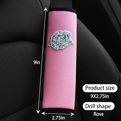 Car Seat Belt Cover, 2 Pack Bling Rhinestones Rose Seatbelt Shoulder Pads, Strap Cover Harness Pad Help Protect Neck and Shoulder for Comfortable Driving, Compatible with All Cars (Black/Black) in Saudi Arabia