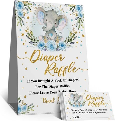 علامة سحب حفاضات الفيل الأزرق، مجموعة ألعاب استحمام الطفل يانصيب الحفاضات (1 علامة واقفة + 50 بطاقة تخمين)، علامة سحب حفاضات ذهبية، زينة استحمام الطفل على شكل زهرة زرقاء in Kuwait