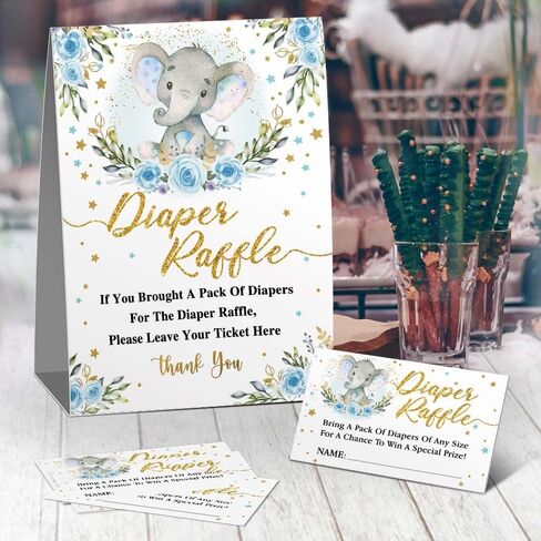 علامة سحب حفاضات الفيل الأزرق، مجموعة ألعاب استحمام الطفل يانصيب الحفاضات (1 علامة واقفة + 50 بطاقة تخمين)، علامة سحب حفاضات ذهبية، زينة استحمام الطفل على شكل زهرة زرقاء in Kuwait