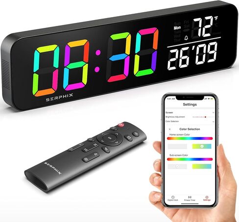 ساعة حائط رقمية مقاس 15.2 بوصة مع تطبيق وجهاز تحكم عن بعد، تخصيص ألوان LED، موجه العد التنازلي الصوتي، أجراس كل ساعة، ساعة منبه مع يوم/تاريخ/درجة الحرارة in Kuwait