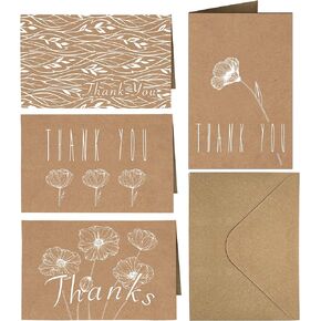 4x6 Thank You Cards 20 Pack Brown Craft Paper 4 Designs of Assorted Blank Thank You Greeting Cards with Envelopes, for Birthday, Wedding, Bridal/Baby Shower, Celebrations