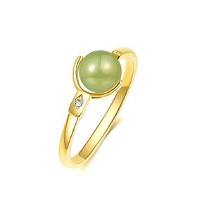 Natural Hetian Jade Ring for Women, Dainty Lucky Green Jade Rings Handmade Adjustable Rings Jewelry Gift for Valentine and Mom (925 Sterling Silver with Gold Plated)