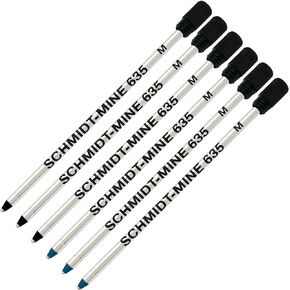 Schmidt 635 D1 Mine Ballpoint Refill - Blue, Black Ink - Medium Tip 0.7mm - Pack of 6 (with Plastic End Cap)