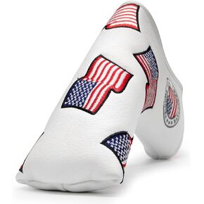 US Flag Putter Cover Golf Blade Putter Headcover Head Cover - Premium Leather Golf Putter Head Cover Magnetic- White Golf Accessories for Men Golfer