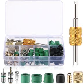 88 Pcs Car Air Conditioning Valve Core Kit, R134a R22 R410 AC Remover Tool Assortment Kit Including Valve Core Valve Brass Nut Valve Core Remover Installer Hose Gaskets for Most Cars