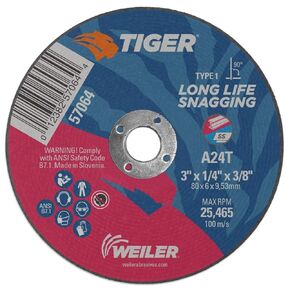Weiler 57064 3-Inch Cutting Wheel, Tiger AO Steel/Metal Long Life, Performance Snagging, 1/4" A24T Type 1 3/8" Arbor (Pack of 40)