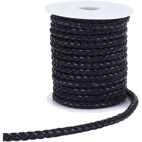 arricraft 10m Round Braided Leather Cord String Rope Folded, 5mm Wide Black Flat Round Folded Bolo Tie Cord String with Spool PU Leathers String Ropes for DIY Necklaces Bracelets Jewelry Making