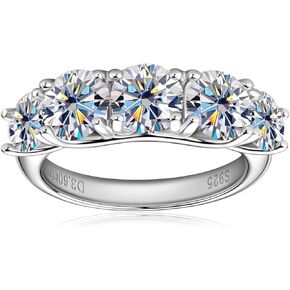 5 Stone Moissanite Half Eternity Ring Wedding Band, 3.6 Carat D Color Lab Created Diamond Anniversary Rings, Platinum Plated Silver 5-Stone Engagement Ring for Women