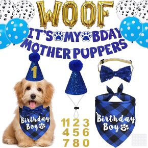 Dog Birthday Decorations, Multi Sizes Dog Birthday Bandana Boy Dog Birthday Hat Numbers Bow Tie It’s My Bday Mother Puppers Sign Banner WOOF Balloons for Small Dogs (Blue, Small)