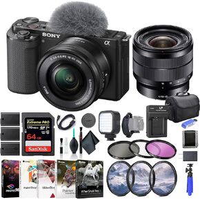كاميرا Sony ZV-E10 بدون مرآة مع عدسة مقاس 16-50 مم باللون الأسود ILCZV-E10L/B، وعدسة Sony E مقاس 10-18 مم، وبطاقة ذاكرة سعة 64 جيجابايت، ومجموعة مرشحات، وبرنامج Corel للصور، وحقيبة، وبطارية NPF-W50 × 2، والمزيد in Saudi Arabia