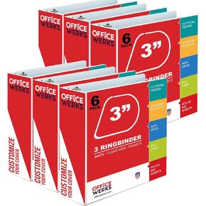 3 Ring Binder, 3" Professional Angle D-Rings, Presentation Folder for Standard Pages with Inside Pockets, Customizable Clear View White Binder (6 Pack)