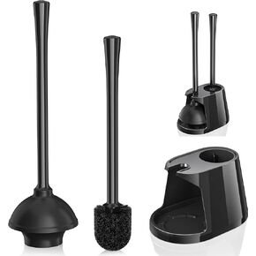 Toilet Plunger and Brush Set, 2 Pack Bowl Brush and Heavy Duty Toilet Plunger with Ventilated Holder, 2-in-1 Toilet Brush and Plunger Combo for Bathroom Deeply Cleaning (White & Grey)