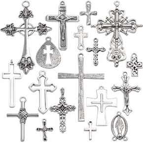 Cross Pendants Collection, 18 Pieces Mixed Jesus Christ Crosses Charms Metal Pendant Jewelry Findings for Making Bracelet and Necklace - Antique Silver