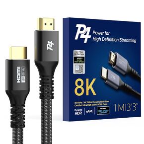 P4 Immerse Yourself in 8K Brilliance! 10FT Certified HDMI Cable 2.1 - Ultra High Speed, Braided, 8K@60Hz, 4K@120Hz, eARC, HDR10+, Atmos - Perfect for Apple TV, Roku, Netflix, PS5, and More!