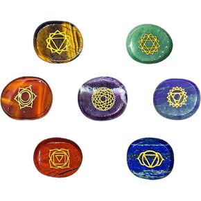 Chakra Stones, Engraved Symbols - Reiki Healing - Polished Palm Stones, Chakra Chart, Chakra Symbols, Affirmations, Meditation, Stone Identification Cards - Spiritual and Metaphysical Healing