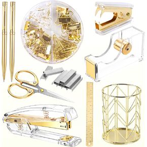 11 Pack Office Supplies Set Desk Stationery Accessories Kit of Stapler, Staple Remover, Tape Dispenser, Binder Clips,Gold Pens, Paper Clips and Scissor with 2000pcs Staples(Gold)