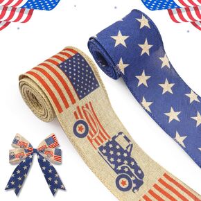 2 Rolls Patriotic Fabric Ribbon Memorial Day Burlap Linen Ribbons America Red White Strip Wired Decor Ribbons for Veterans Day Independence Day Gift Wrapping Party Crafts Decoration Supplies 5 Yards