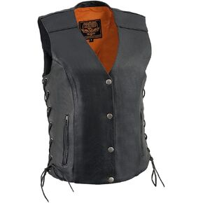 Milwaukee Leather MLL4500 Women's Black Leather Classic V-Neck Side Lace Motorcycle Rider Vest W/Front Snap Closure