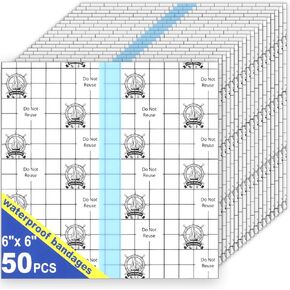 AZEN 50 Pieces Waterproof Bandages, Transparent Film Dressing, Clear Bandages Waterproof Adhesive Bandage, Second Skin Tattoo Cover Up Tape (6 X 6 Inch)