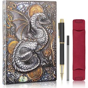 Vintage Cat 3D Embossed Leather Notebook A5 Travel Journal with Ballpoint Pen and Pen Refill，Pen Sleeve，Antique Handmade Daily Notepad Hardcover Writing Notebook Gift (Cat)