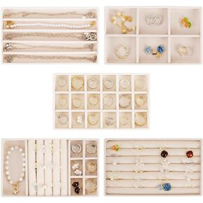 مجموعة من 5 صواني مجوهرات، منظم مجوهرات قابل للتكديس لتخزين الأقراط والخواتم والقلادة وإكسسوارات السوار مع مقسم قابل للإزالة، بيج in Kuwait