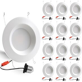 12 Pack 5/6 Inch 5CCT LED Recessed Lighting Retrofit, 2700K/3000K/4000K/5000K/6500K Selectable, Dimmable Can Lights with Baffle Trim, 12W=150W, High Brightness 1000LM, IC& Wet Rated, ETL&FCC Certified