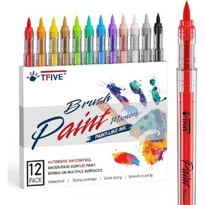 TFIVE Paint Marker Pens, Acrylic Permanent Brush Tip Marker, Water-Based, Quick Dry & Waterproof for Art, Drawing, Rock, Ceramic, Glass, Wood, Plastic, Metal, Canvas DIY Crafts