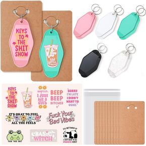 UV DTF Wraps Stickers for Motel Keychain, 10PCS Motel Keychains and 10 Sheets Funny Theme UV Stickers, Waterproof UV DTF Decals Rub on Transfers for DIY Hotel Keychains
