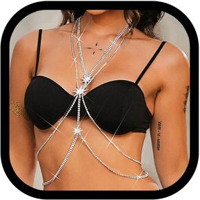 Graeen Rhinestone Bra Chain Silver Crystal Chest Chain Sparkly Star Belly Body Jewelry Women