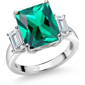 Gem Stone King 925 Sterling Silver Emerald Cut Green Nano Emerald & White Moissanite 3 Stone Ring | 6.62 Cttw | 3 Stone Wedding Anniversary Promise Ring For Women