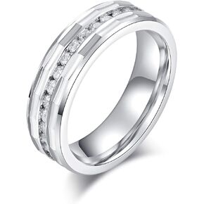 THELANDA Comfort Fit Solid Sterling Silver 6mm Simulated Diamond Full Eternity Ring Patterned Wedding Band
