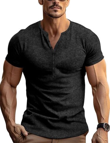 Retro Henley Shirts for Men Short Sleeve Distressed Casual Button Slim Fit Tee Shirts in Kuwait
