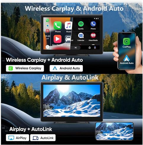 ستيريو سيارة لاسلكي 9 بوصة مع Carplay وAndroid Auto، كاميرا احتياطية 1080 بكسل، شاشة لمس محمولة، وصلة مرآة، بلوتوث، AUX، FM، Siri in Kuwait