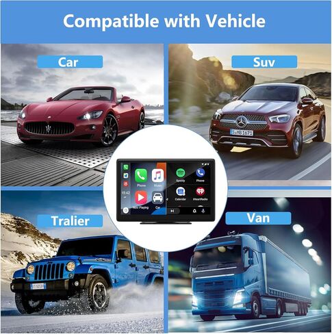 ستيريو سيارة لاسلكي 9 بوصة مع Carplay وAndroid Auto، كاميرا احتياطية 1080 بكسل، شاشة لمس محمولة، وصلة مرآة، بلوتوث، AUX، FM، Siri in Kuwait