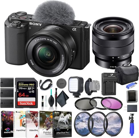 كاميرا Sony ZV-E10 بدون مرآة مع عدسة مقاس 16-50 مم باللون الأسود ILCZV-E10L/B، وعدسة Sony E مقاس 10-18 مم، وبطاقة ذاكرة سعة 64 جيجابايت، ومجموعة مرشحات، وبرنامج Corel للصور، وحقيبة، وبطارية NPF-W50 × 2، والمزيد in Saudi Arabia