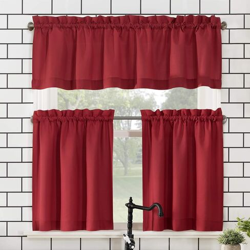 No. 918 Martine Microfiber Semi-Sheer Rod Pocket Kitchen Curtain Valance and Tiers Set, 54" x 24", Red in Saudi Arabia